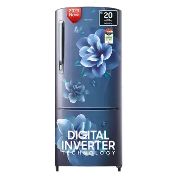 a samsung single door fridge with digital inverter compressor technology and camellia blue design 2023 model