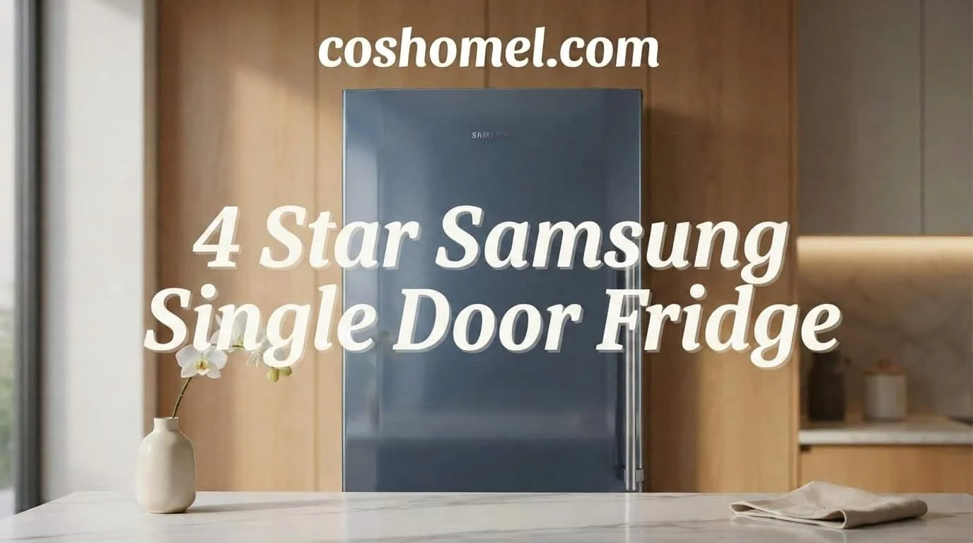 a single door fridge with camellia blue design in the center , the title ' 4 star samsung single door fridge' also at the center and the website name coshomel.com at the top of the banner. this image take place in coshomel.com blog