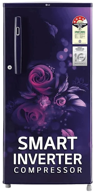 LG single-door refrigerator with purple floral design, Smart Inverter Compressor, energy-efficient, stylish compact fridge for modern kitchens and homes daily.