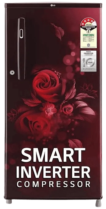 LG single door refrigerator with smart inverter compressor, elegant red floral finish, energy efficient design, compact fridge for modern homes.