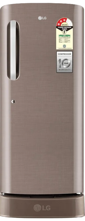 LG single door refrigerator with textured beige finish, energy efficient inverter compressor, stylish compact refrigerator for modern homes and kitchens.