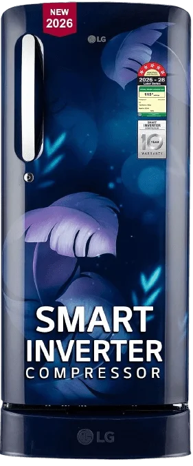 LG Smart Inverter single door refrigerator with elegant blue floral finish, energy-efficient cooling, stylish design, durable performance for modern kitchens.