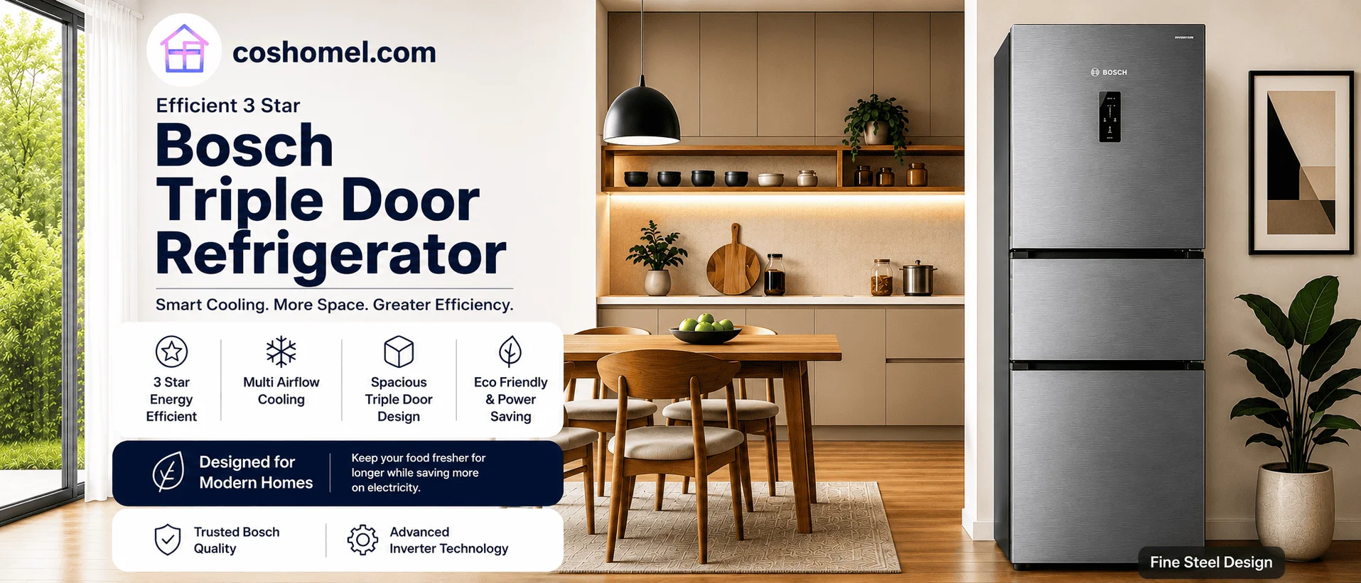 Bosch triple door refrigerator in a modern kitchen showcasing 3 Star energy efficiency, spacious storage, inverter technology, and fine steel design.