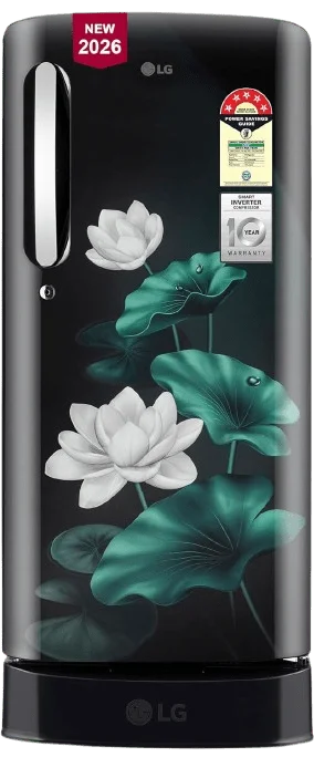 LG single door refrigerator with smart inverter compressor, black floral lotus design, energy efficient refrigerator for stylish modern home kitchens.