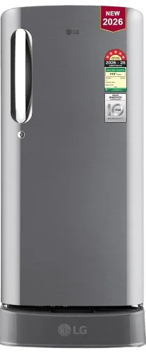 LG single door refrigerator with brushed silver finish, smart inverter compressor, energy efficient compact fridge for modern homes and kitchens.